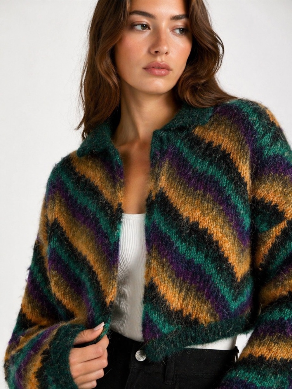 Linda Allard Ellen Tracy Mohair Sweater Chevron Crop Vintage